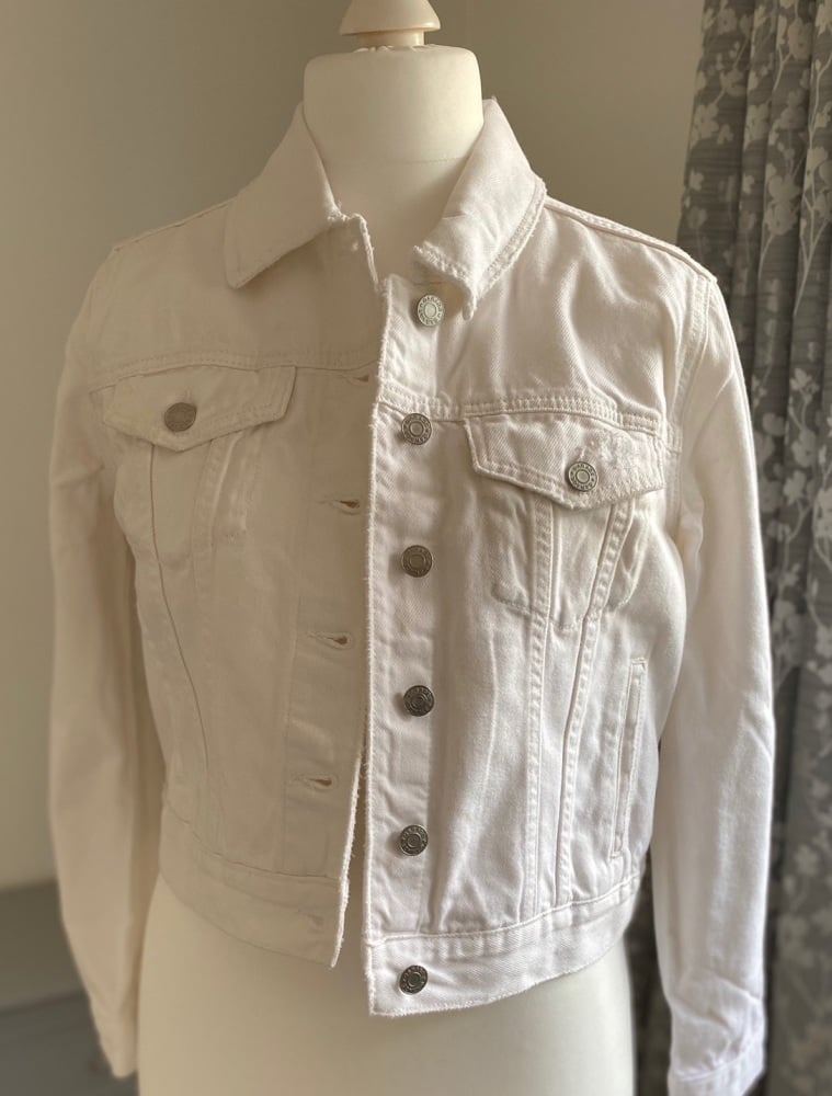 White Cropped Distressed Denim Jacket
