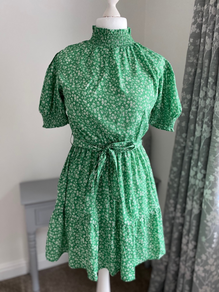 Green Frill Neck Puff Sleeve Dress