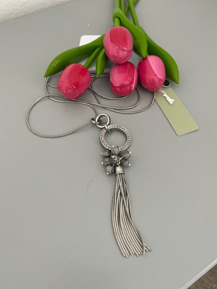 Long Silver Tassel Necklace with Cubic Zirconia Crystals and Beads