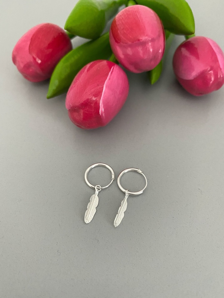Sterling Silver Feather Hoop Earrings