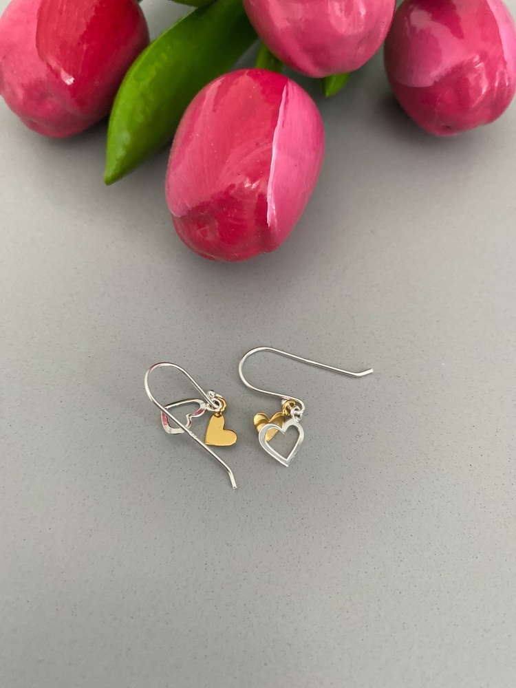 Double Heart Sterling Silver Drop Earrings