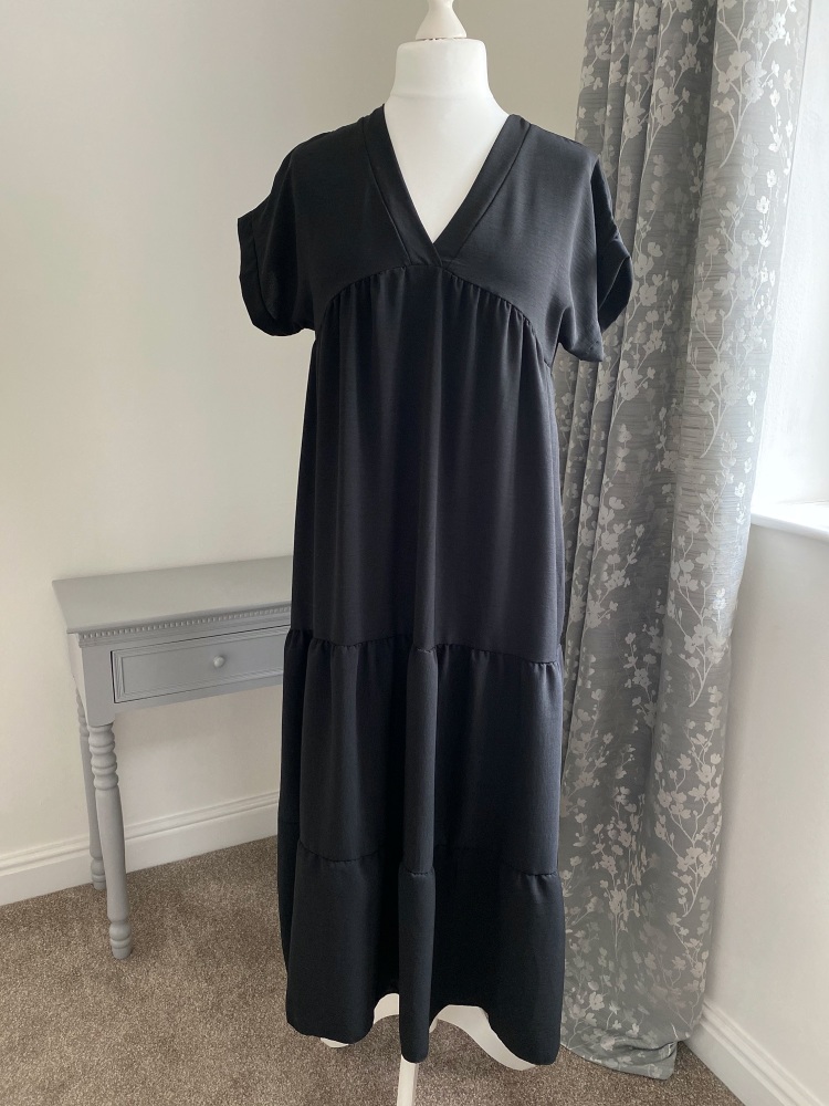 Black V Neck tiered smock dress