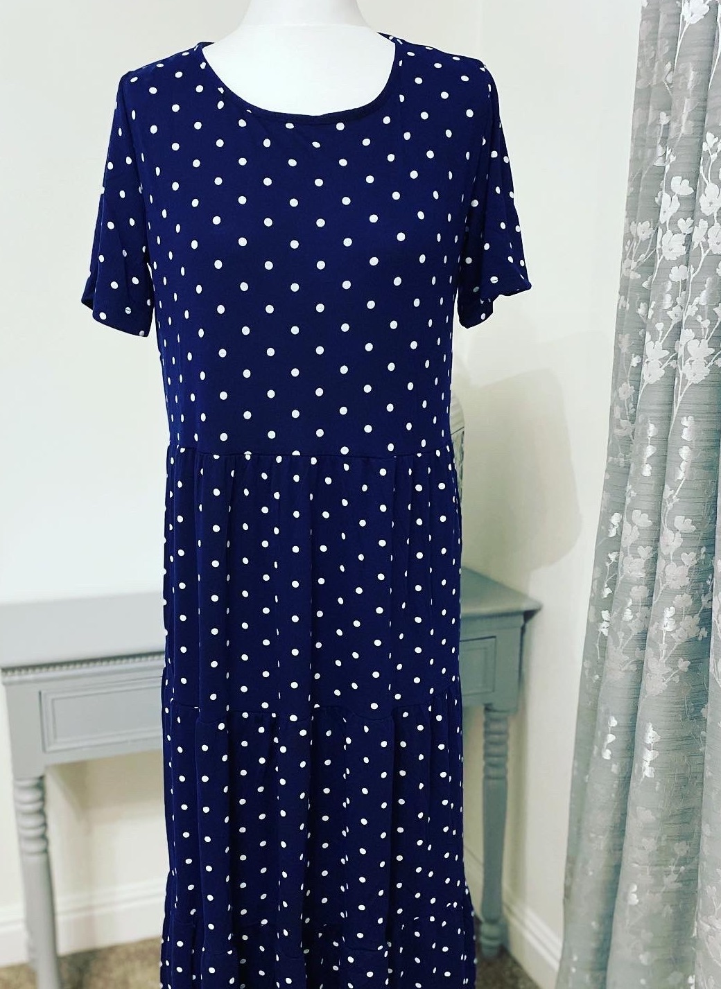 Navy Blue Polka Dot Tiered Smock Midi Dress