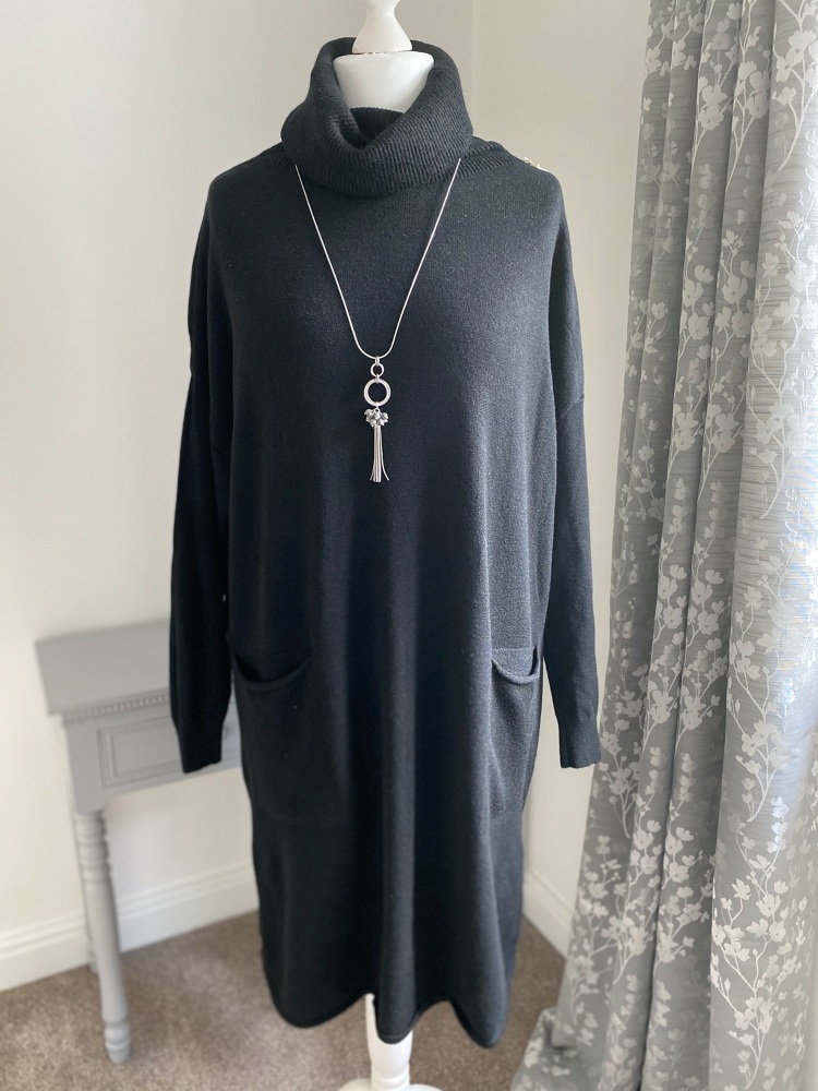 Black Roll Neck Jumper Dress with Front Pockets