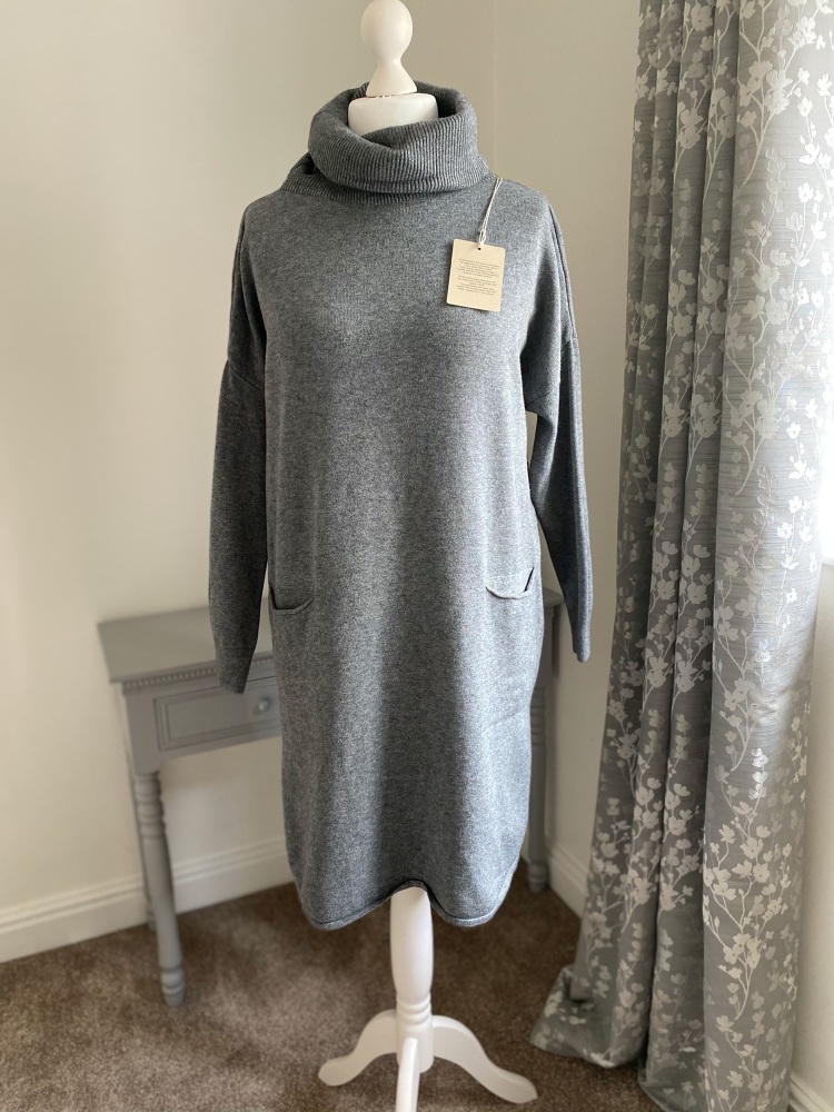 Grey Roll Neck Jumper Dress with Front Pockets 