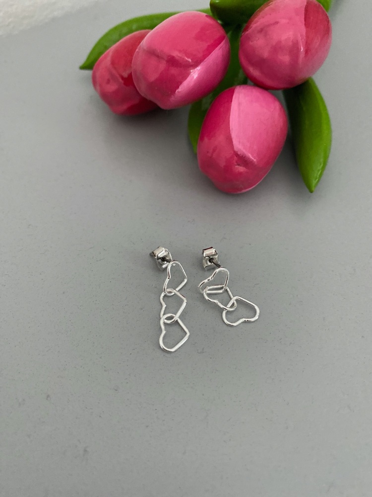 Triple Linked Heart Drop Earrings - Silver