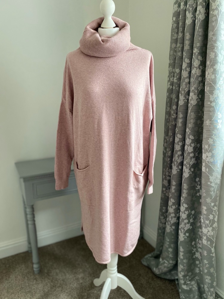 Pink Roll Neck Jumper Dress with Front Pockets