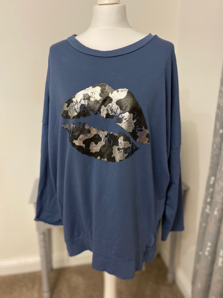 Blue Metallic Lips Foil Print Sweatshirt