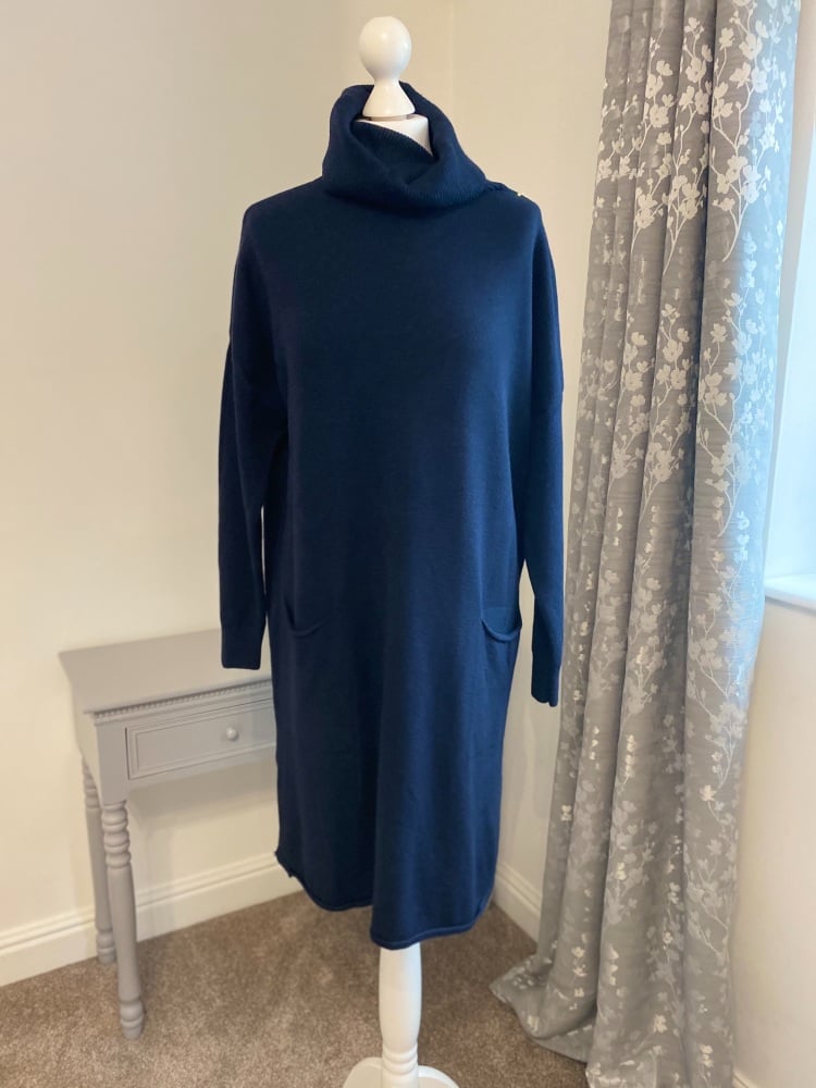 Navy Roll Neck Jumper Dress with Front Pockets