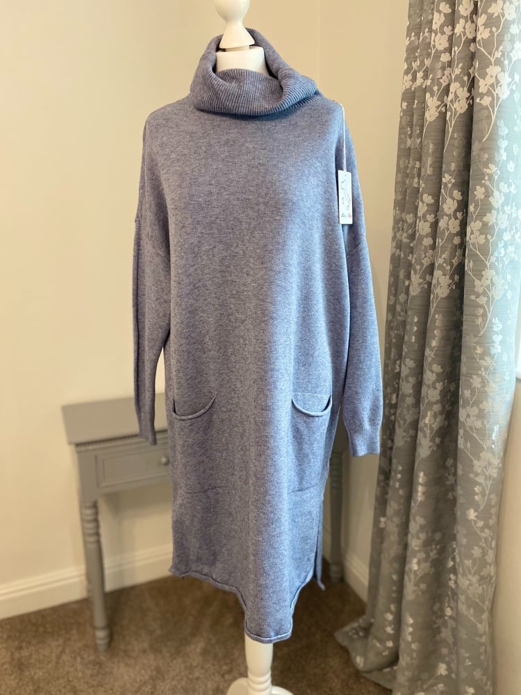 Pale Blue Roll Neck Jumper Dress with Front Pockets