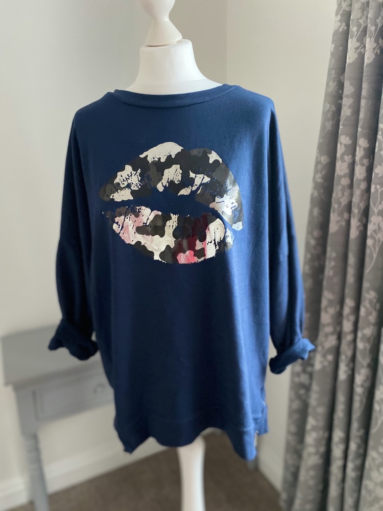 Navy Blue Metallic Lips Foil Print Sweatshirt