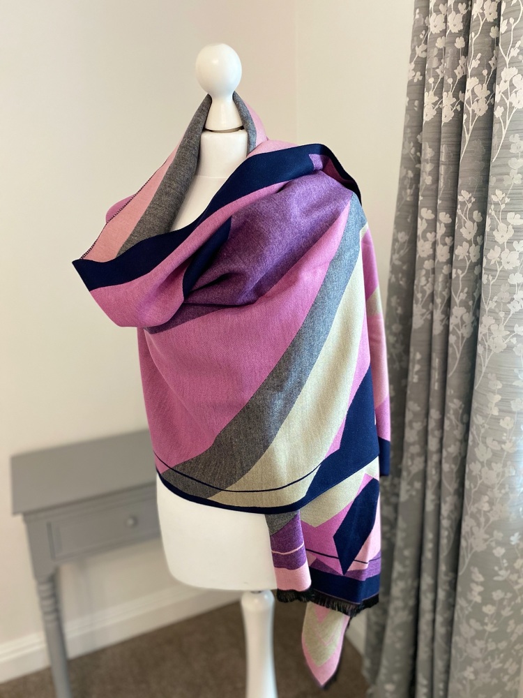 Navy & Pink Large Abstract Print Cashmere Mix Scarf