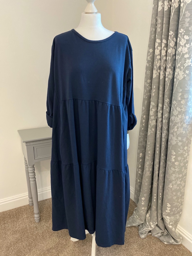 Navy tiered midi smock sweater dress with pockets