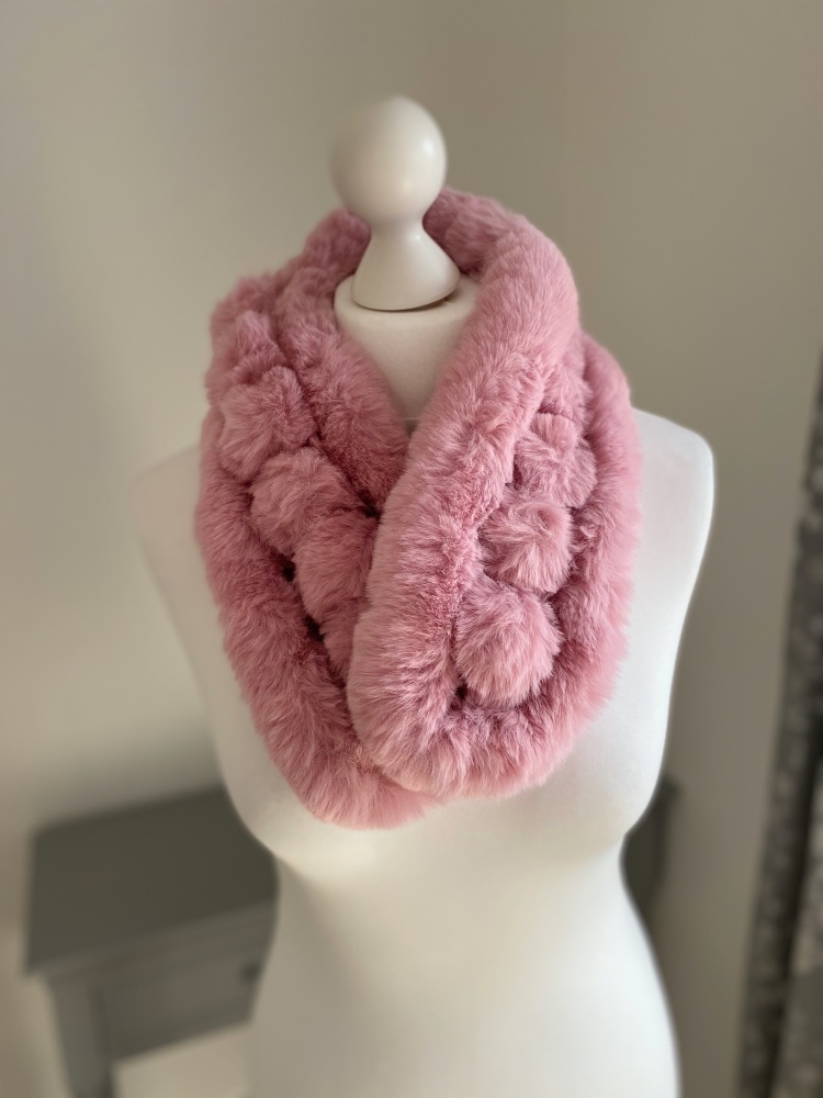 Pink Faux Fur Pom-Pom Scarf