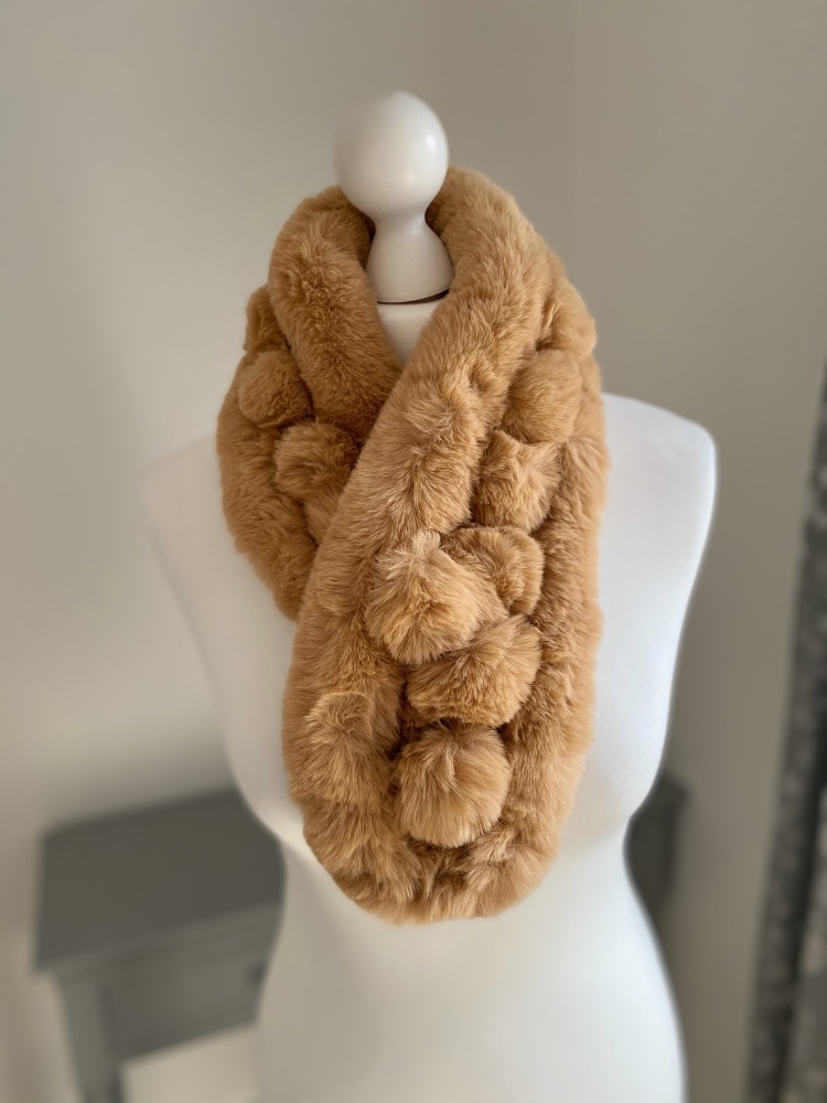 Camel Faux Fur Pom-Pom Scarf