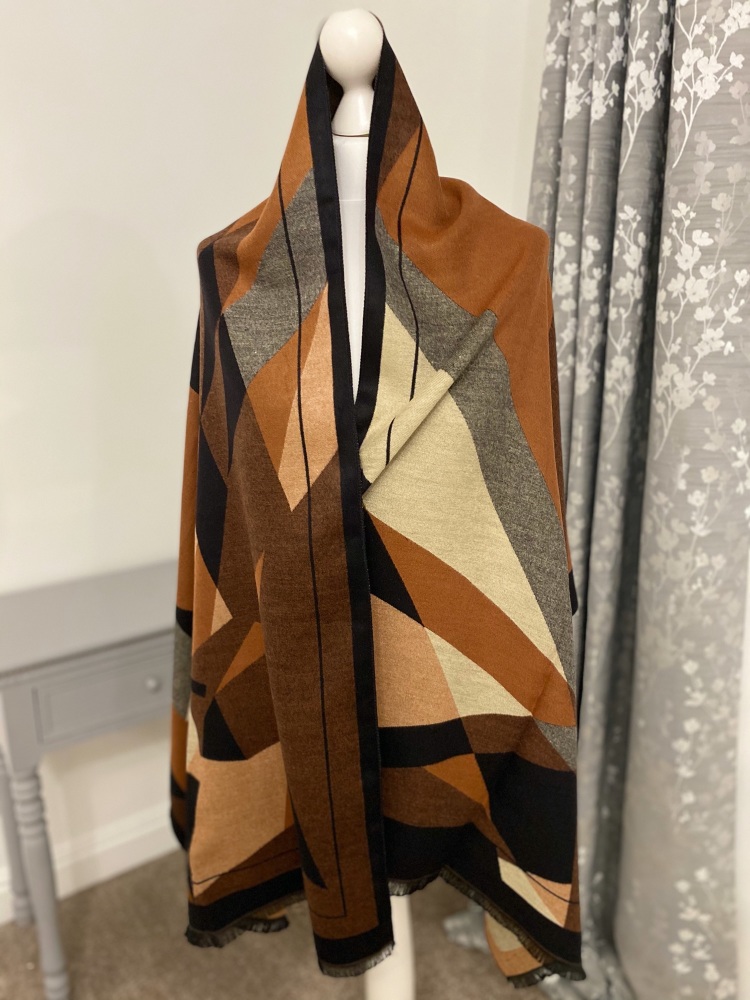 Brown & Grey Large Abstract Print Cashmere Mix Scarf