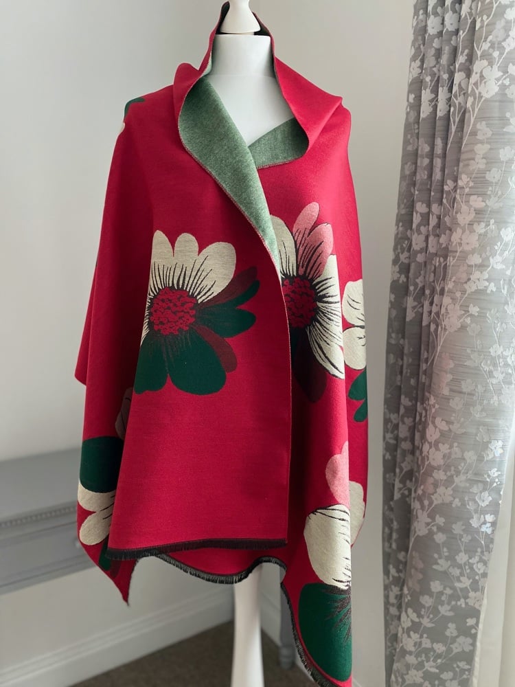 Red & Green Floral Cashmere Mix Scarf