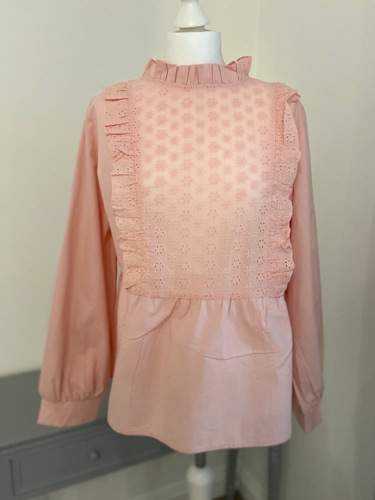 Peach High Neck Frill Front Peplum Blouse