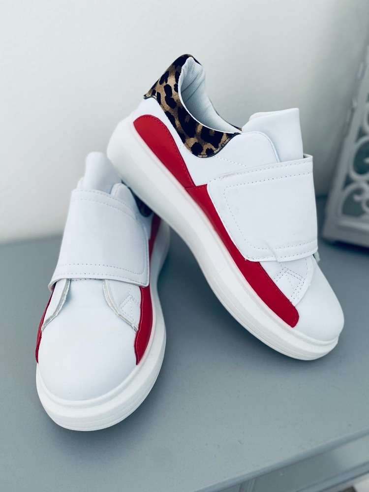 Velcro Fastening Leopard & Red Fashion Trainers