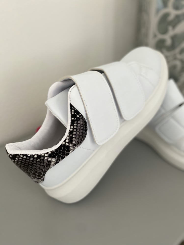 Velcro Fastening White & Snakeskin Fashion Trainers