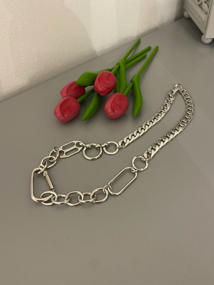 Mixed link carabiner fastening silver necklace