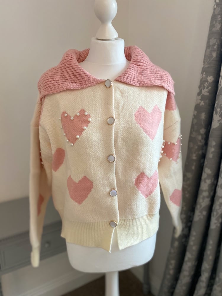 Cream and pink pearl heart cardigan