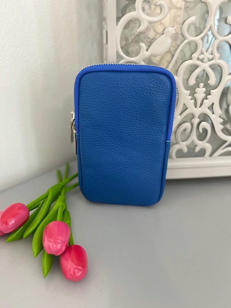Blue Italian Leather Crossbody Phone Bag