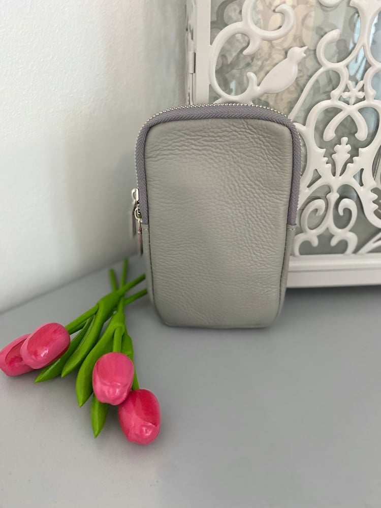 Grey Italian Leather Crossbody Phone Bag