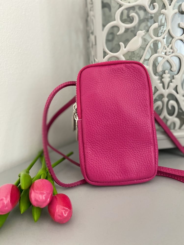 Pink Italian Leather Crossbody Phone Bag