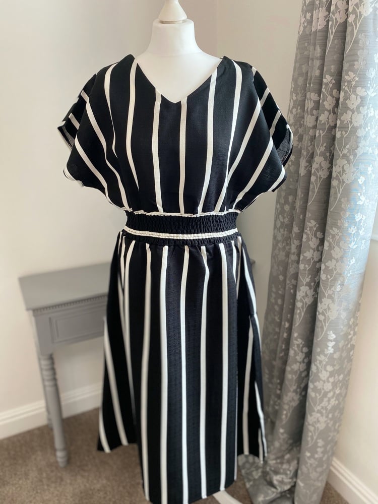 Black & White Stripe Linen Mix Midi Dress