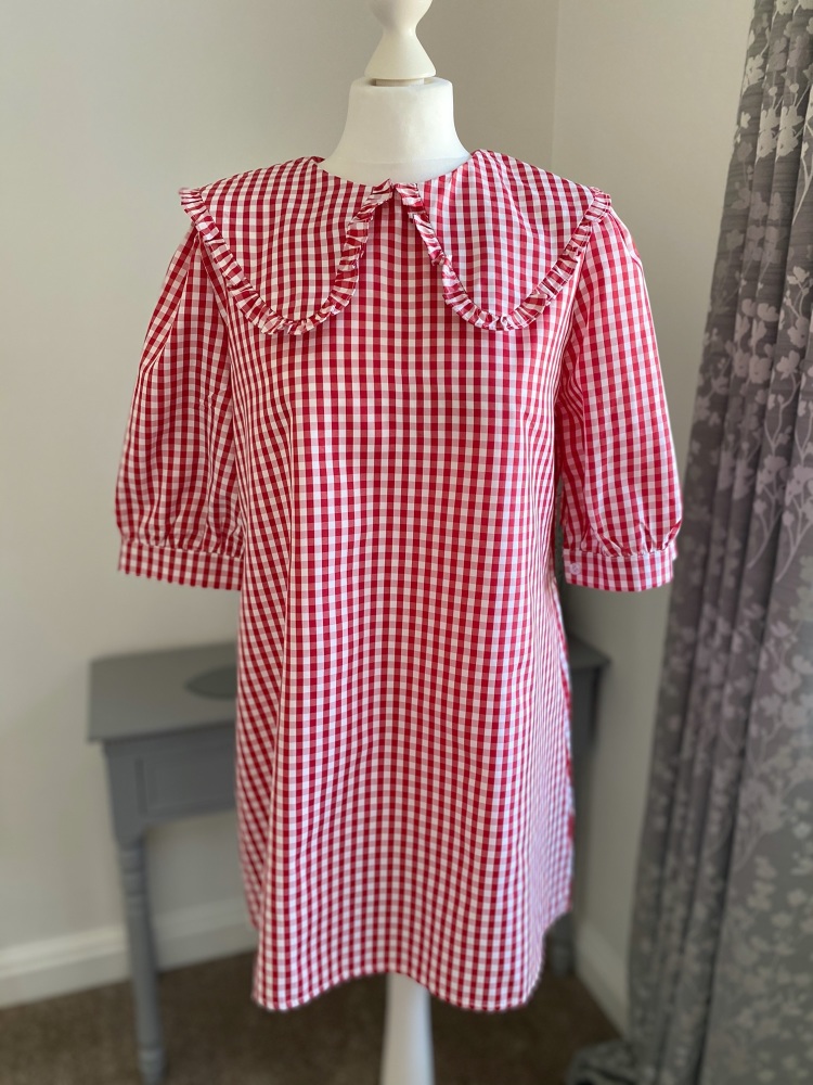 Red Gingham Tunic Length Top with Peter Pan Collars 
