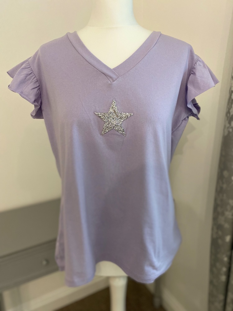 Lilac Star Frill Sleeve V-neck t-shirt