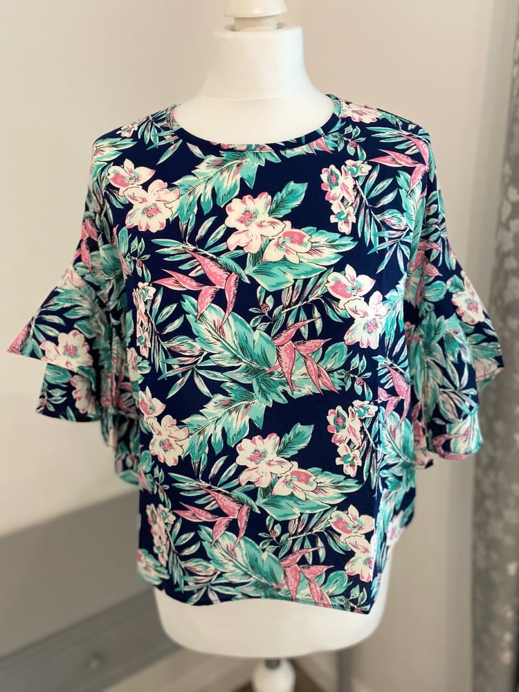 Navy Floral Frill Sleeve Blouse