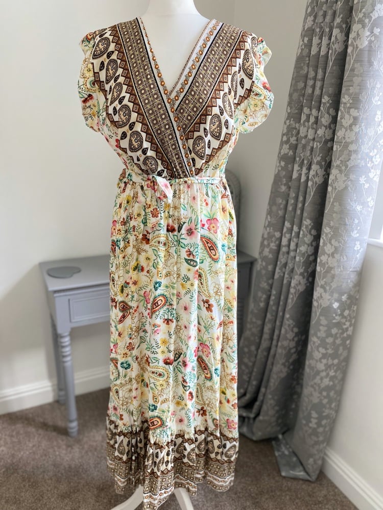 Cream floral wrap front midi dress