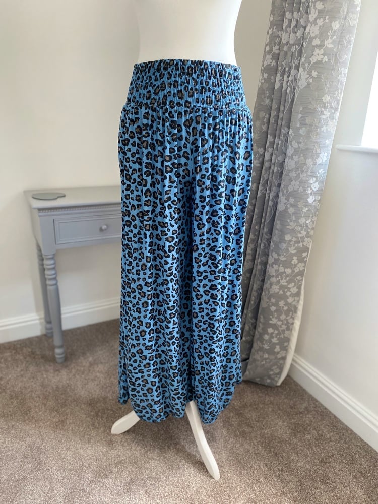 Pale Blue Leopard Print Palazzo Style Culottes