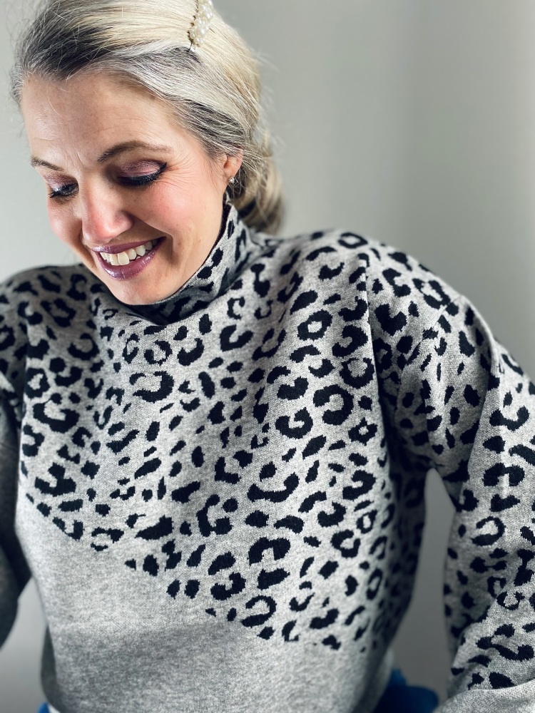 Black & Grey High Neck Leopard Print Jumper