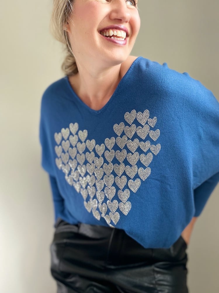 Blue V Neck Multi Heart Sparkle Jumper