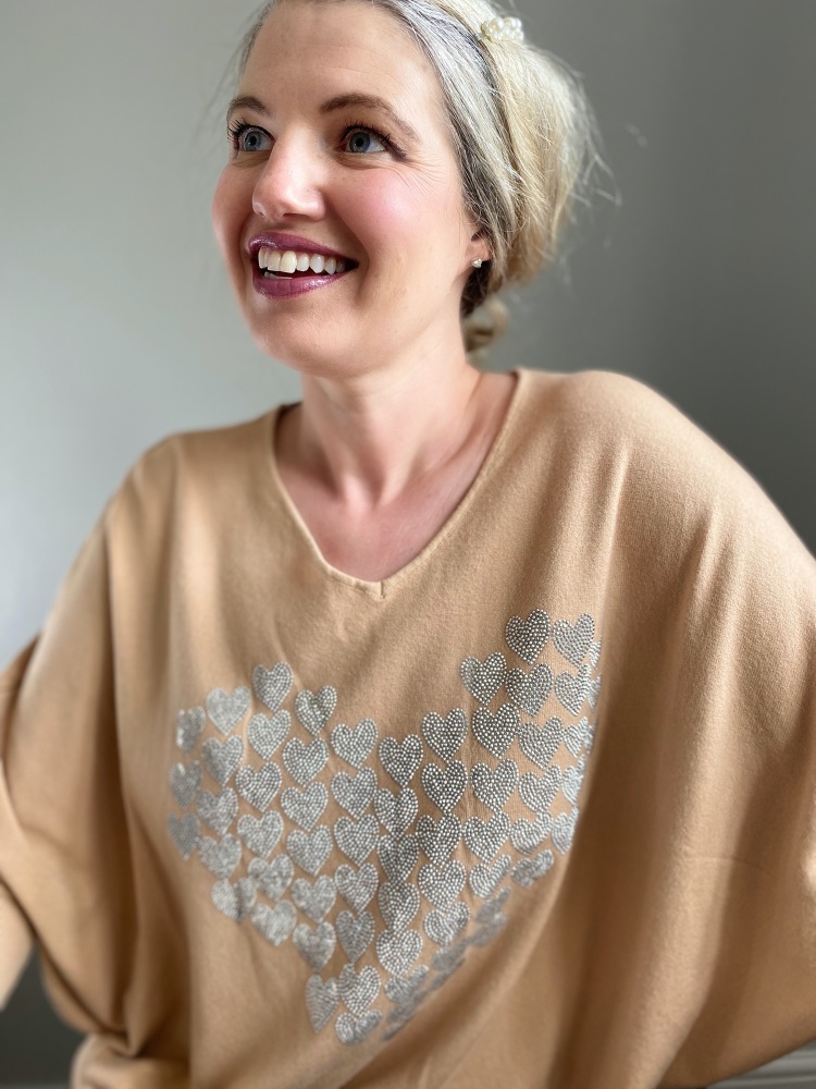 Tan V Neck Multi Heart Sparkle Jumper