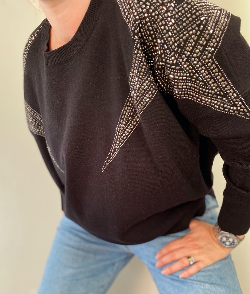 Star Studded Shoulder Black Jumper