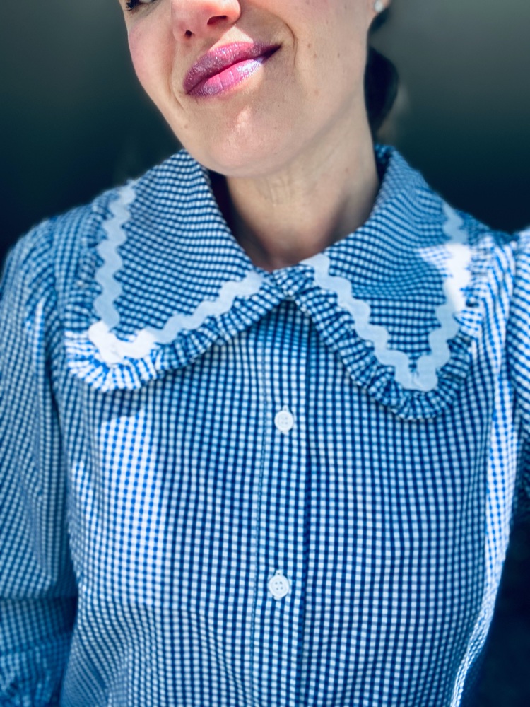 Blue Gingham Checked Embroidered Peter Pan Shirt 