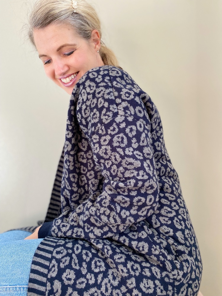 Navy Long Length Animal Print Coatigan