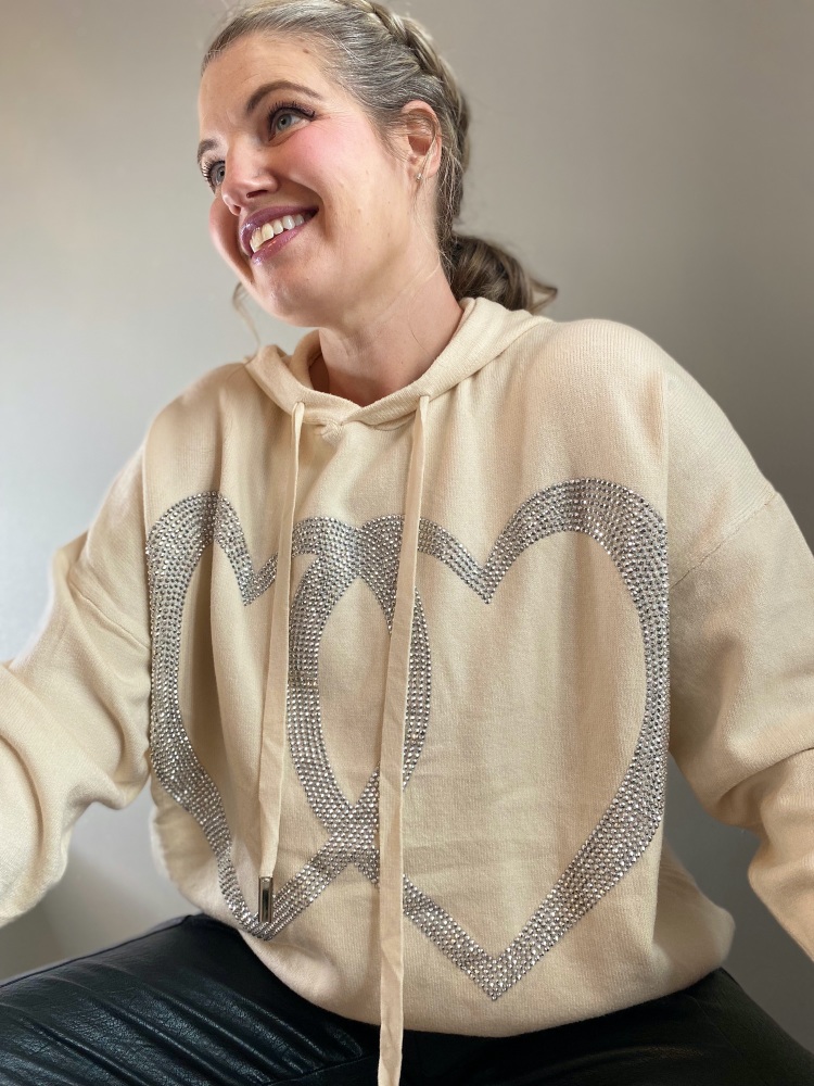 LAST TWO! Cream Sparkle Heart Hooded Jumper