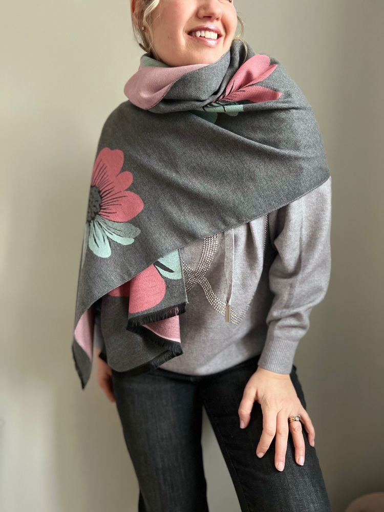 Grey & Pink Large Floral Print Cashmere Mix Scarf