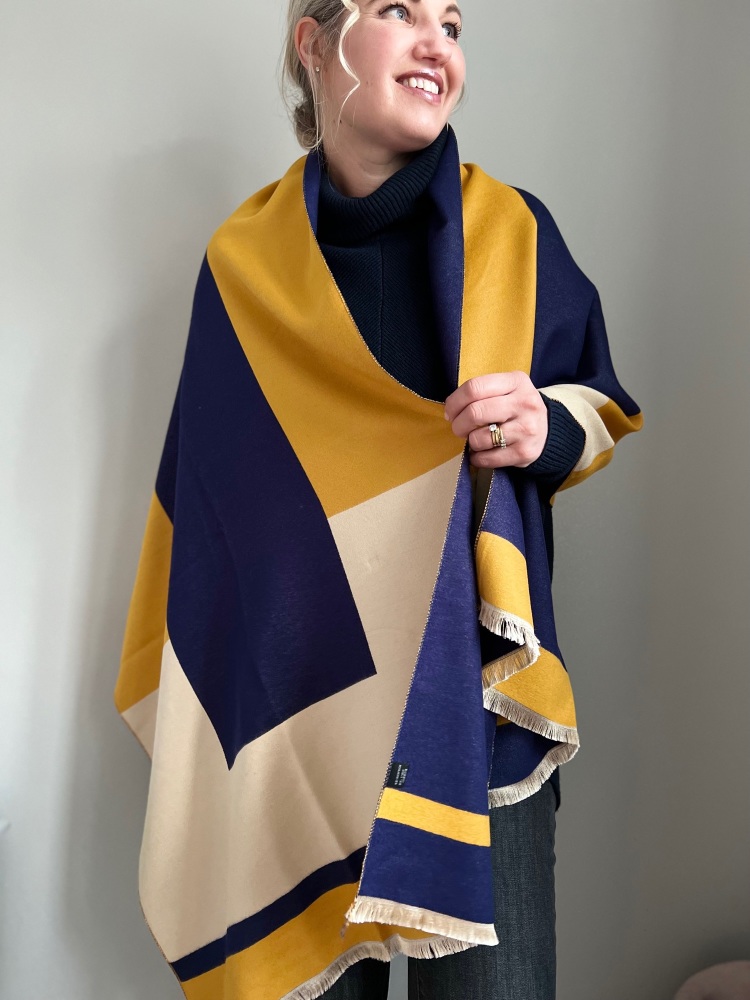 Navy, Beige & Gold Large Print Cashmere Mix Scarf