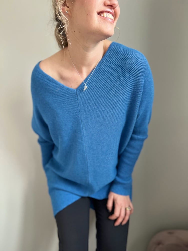 Bright Blue Long V Neck Jumper