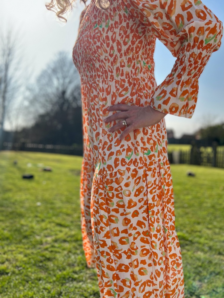 Orange  Animal Print Shirred Midi Dress 