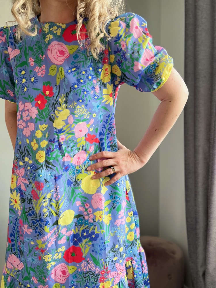 Blue & Yellow Floral Puff Sleeve Dress 