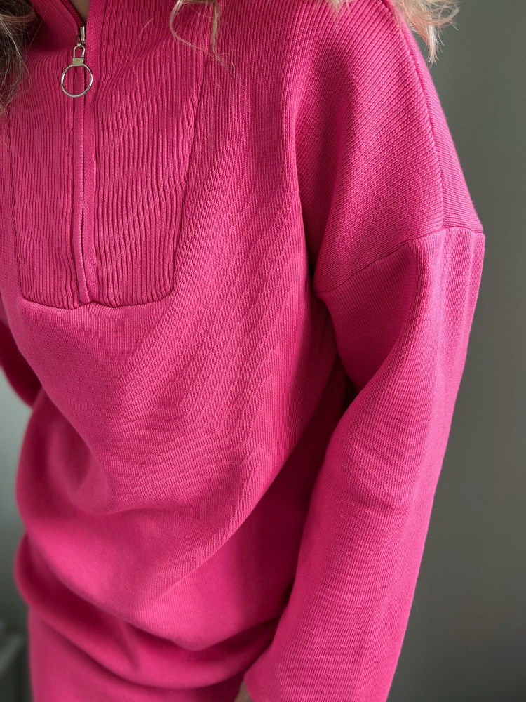 Fuchsia Pink Zip Neck Oversized Jumper