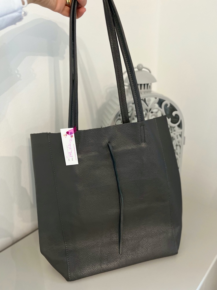 Dark Grey Genuine Italian Leather Shopper / Tote Bag