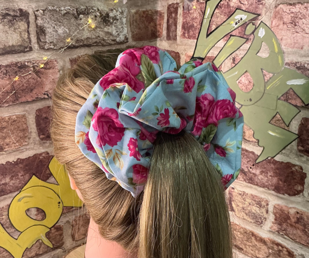 Blue and Pink Floral Scrunchie